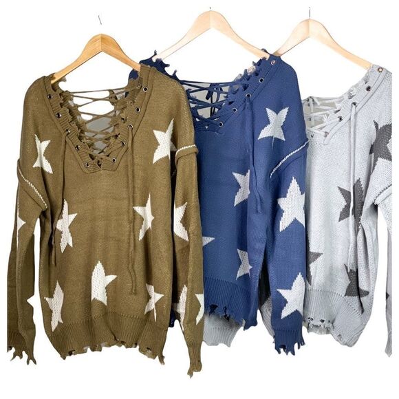 𝅺pol Boho Sweater w/ Tattered Edges & Lace-Up Front/Back - Picture 2 of 11